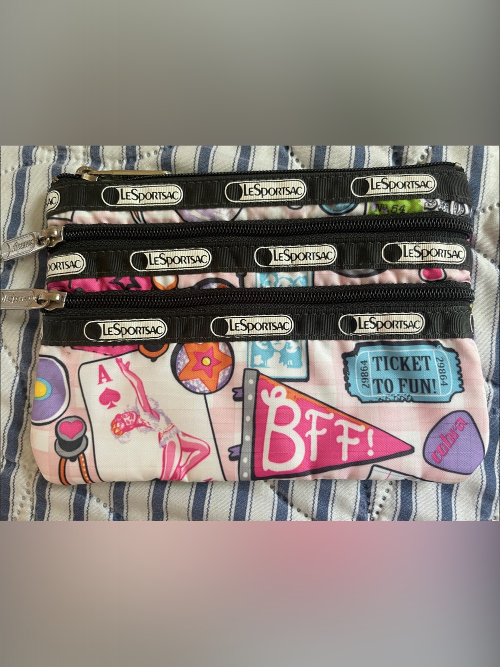 LeSportsac Pink Patterned Triple Zip Kids Pouch with Playful Icons